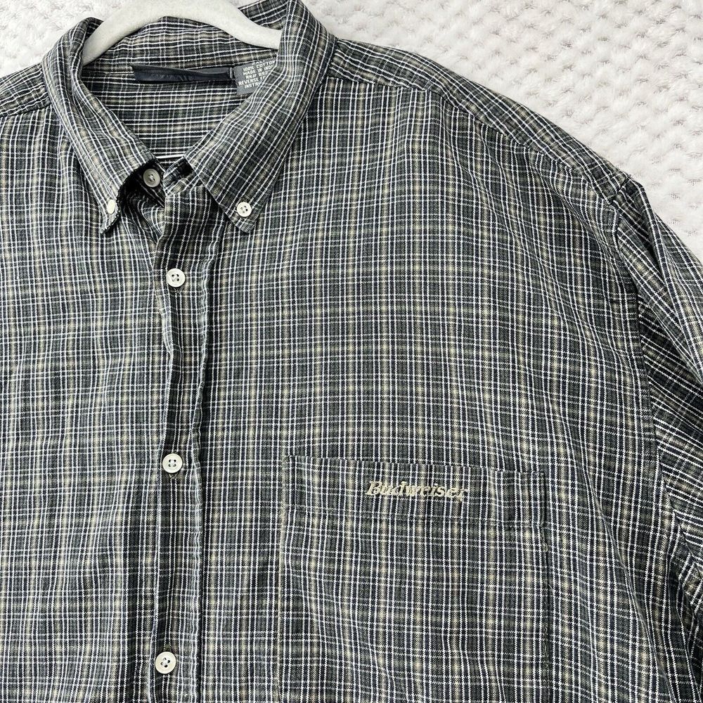 White & Graye Budweiser Plaid Button‎ Up Shirt Pocket Front 2XLT